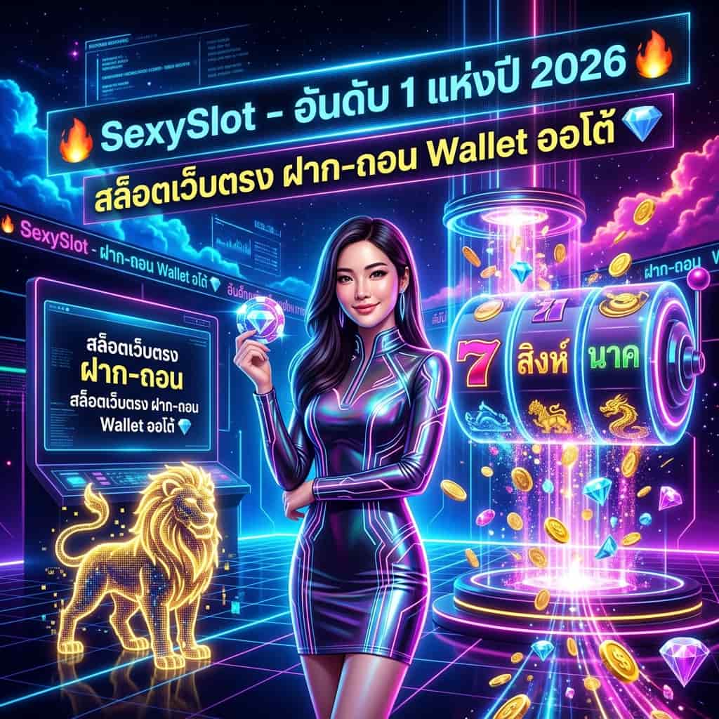 ภาพสาวพรีเซนเตอร์เอเชียในชุดสวยล้ำสมัยภายในเว็บสล็อตแฟนตาซีสุดไฮเทค เธอยืนในห้องเล่นเกมไซเบอร์พังค์ที่มีเครื่องสล็อตอนาคตส่องแสงเนียนและข้อมูลไหลเวียน พร้อมข้อความภาษาไทยว่า "🔥 SexySlot - อันดับ 1 แห่งปี 2026 🔥" และ "สล็อตเว็บตรง ฝาก-ถอน Wallet ออโต้ 💎" ภาพดึงดูดสำหรับผู้ชมที่ชอบเกมสล็อตออนไลน์