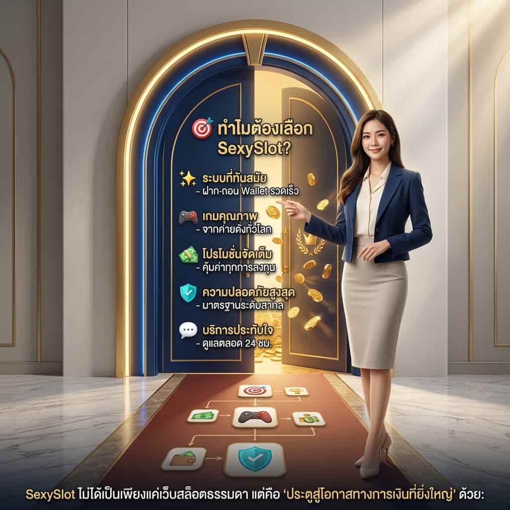 ภาพพรีเซนเตอร์หญิงเอเชียในสถานที่หรูหรา กำลังชี้ไปยังประตูแห่งโอกาสเรืองแสงสีทองและน้ำเงิน ที่มีข้อความภาษาไทยระบุเหตุผลที่ต้องเลือก SexySlot: ระบบทันสมัย, เกมคุณภาพ, โปรโมชั่นคุ้มค่า, ความปลอดภัยสูงสุด, และบริการ 24 ชม.