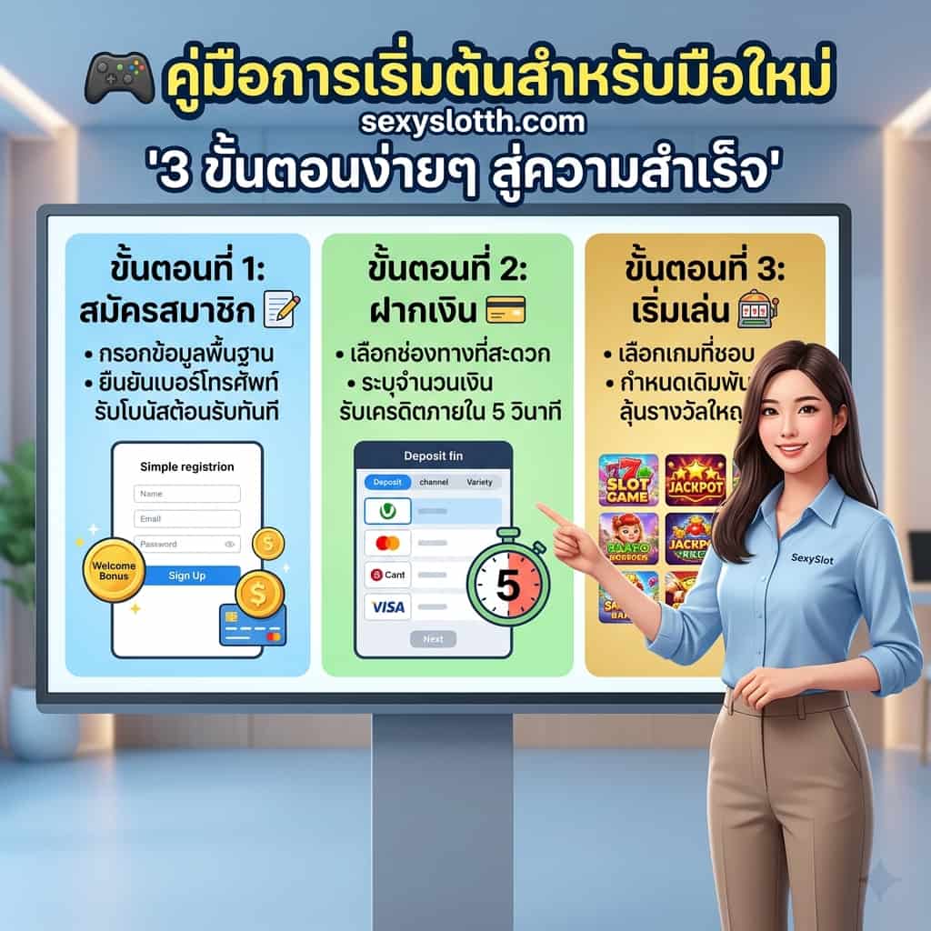 ภาพพรีเซนเตอร์หญิงเอเชียในบทบาทโค้ช ยืนอยู่หน้าแผงแสดงคู่มือ 3 ขั้นตอนง่ายๆ สำหรับมือใหม่ที่ Sexyslot: 1) สมัครสมาชิก (กรอกข้อมูล, ยืนยันเบอร์, รับโบนัส), 2) ฝากเงิน (เลือกช่องทาง, ระบุจำนวน, ได้เครดิตใน 5 วินาที), 3) เริ่มเล่น (เลือกเกม, กำหนดเดิมพัน, ลุ้นรางวัล) พร้อมข้อความหลัก "คู่มือการเริ่มต้นสำหรับมือใหม่ sexyslotth.com"