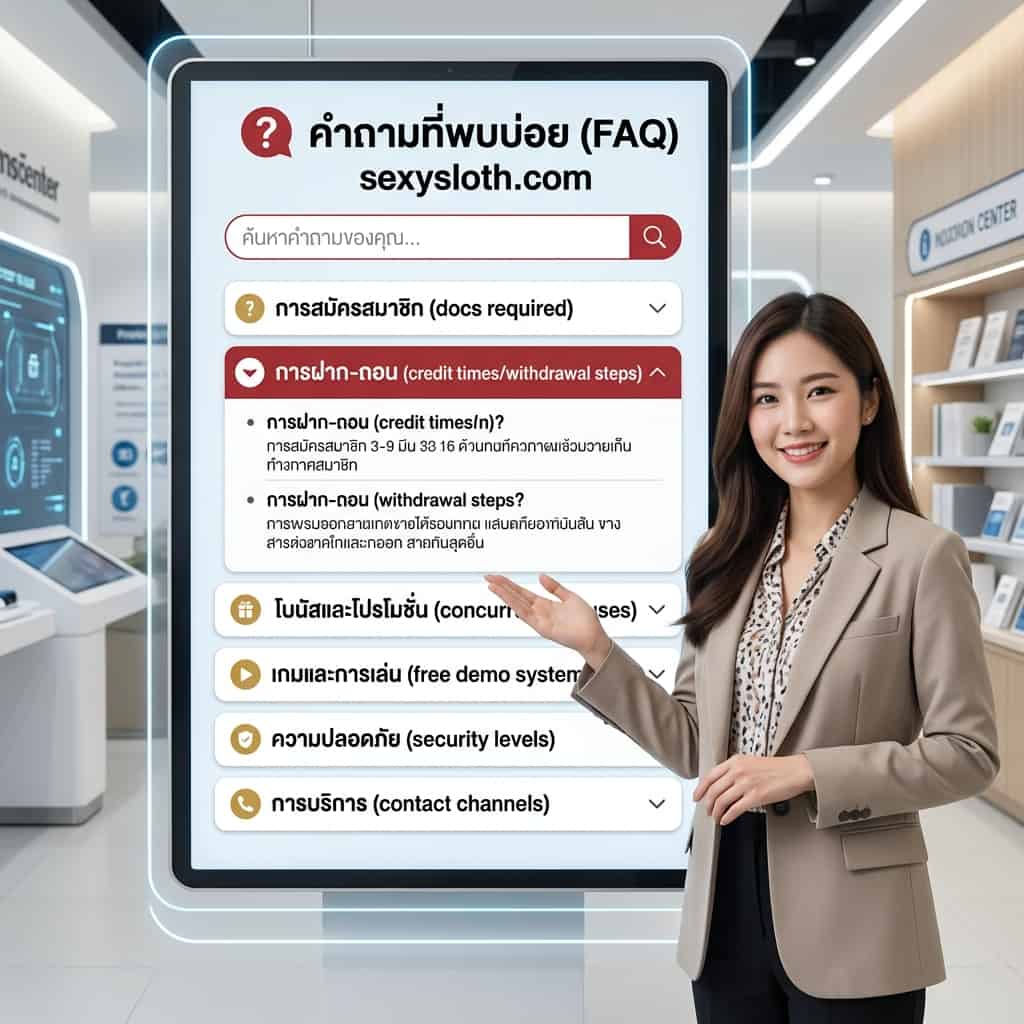 ภาพพรีเซนเตอร์หญิงเอเชีย ยืนอยู่หน้ากลุ่มจอแสดงคำถามที่พบบ่อย (FAQ) แบบอินเทอร์แอคทีฟของ SexySlot เธอชี้อธิบายคำถามในหมวดต่างๆ เช่น การสมัครสมาชิก ฝาก-ถอน โบนัส เกม และความปลอดภัย โดยมีสัญลักษณ์คำถาม (?) ใหญ่และแถบค้นหาอย่างชัดเจน