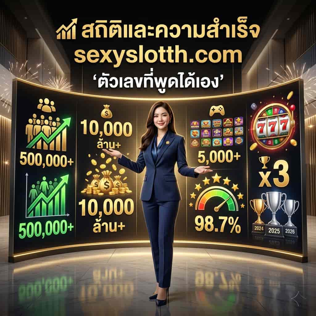 ภาพพรีเซนเตอร์หญิงเอเชีย ยืนนำเสนอต่อหน้าผนังแสดงสถิติความสำเร็จอันน่าประทับใจของ SexySlot: สมาชิก 500,000+ คน, จ่ายเงินรางวัลกว่า 10,000 ล้านบาท, เกม 5,000+ เกม, ความพึงพอใจ 98.7%, และรางวัลเว็บยอดเยี่ยม 3 ปีซ้อน ภายใต้หัวข้อ "📈 สถิติและความสำเร็จ sexyslotth.com"