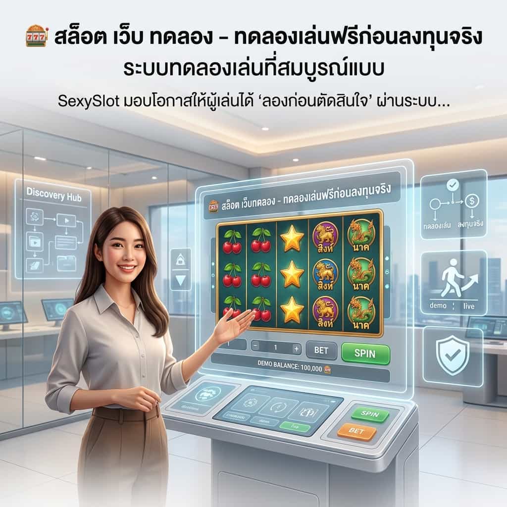 ภาพพรีเซนเตอร์หญิงเอเชียในห้องทดลองไฮเทคกำลังแนะนำระบบสล็อตเว็บทดลองเล่นฟรี ภาพแสดงเธอกำลังชี้ไปที่หน้าจอ holographic ที่มีเกมสล็อตตัวอย่างทำงานอยู่ พร้อมข้อความภาษาไทยว่า "🎰 สล็อต เว็บ ทดลอง - ทดลองเล่นฟรีก่อนลงทุนจริง" และ "ระบบทดลองเล่นที่สมบูรณ์แบบ" ภาพนี้สื่อถึงการให้โอกาสผู้เล่นลองเกมก่อนตัดสินใจลงทุนจริง