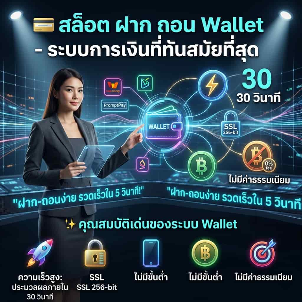 ภาพพรีเซนเตอร์หญิงเอเชียในห้องควบคุมระบบการเงินไฮเทค กำลังอธิบายระบบฝาก-ถอน Wallet ของ SexySlot ภาพแสดงไอคอน Wallet แบบเรืองแสงกลางภาพและไอคอน e-wallet ของไทยรายล้อม พร้อมข้อความภาษาไทยเน้นความเร็วและความปลอดภัย เช่น "ฝาก-ถอนง่าย รวดเร็วใน 5 วินาที" และ "ปลอดภัย 100%: เข้ารหัสระดับ SSL 256-bit" พร้อมรายละเอียดระบบไม่มีขั้นต่ำและไม่มีค่าธรรมเนียม