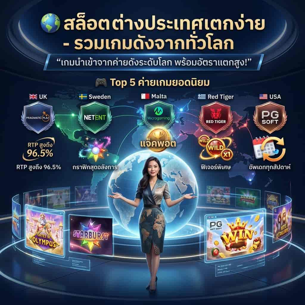 ภาพพรีเซนเตอร์หญิงเอเชียในห้องแสดงเกมสล็อตนานาชาติ กำลังแนะนำเกมจากค่ายดังระดับโลก ภาพประกอบด้วยแผนที่โลกแบบไฮเทคและโลโก้ค่ายเกมดัง 5 แห่ง เช่น Pragmatic Play, NetEnt พร้อมตัวอย่างเกม และข้อความภาษาไทยว่า "🌍 สล็อต ต่าง ประเทศ แตก ง่าย - รวมเกมดังจากทั่วโลก" และ "เกมนำเข้าจากค่ายดังระดับโลก พร้อมอัตราแตกสูง!"