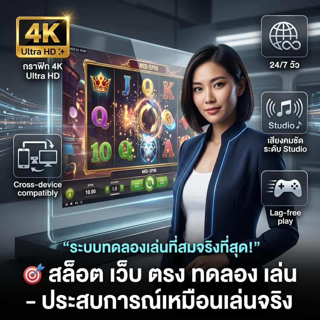 ภาพพรีเซนเตอร์หญิงเอเชียในห้องแสดงเทคโนโลยีการทดลองเล่นสล็อต กำลังแนะนำหน้าจอเกม 4K Ultra HD ที่กำลังเล่นสดอยู่ ภาพประกอบด้วยไอคอนและข้อความภาษาไทยแสดงคุณสมบัติ เช่น "ระบบทดลองเล่นที่สมจริงที่สุด!" "กราฟิก 4K Ultra HD" "รองรับทุกอุปกรณ์" พร้อมข้อความหลัก "🎯 สล็อต เว็บ ตรง ทดลอง เล่น - ประสบการณ์เหมือนเล่นจริง"