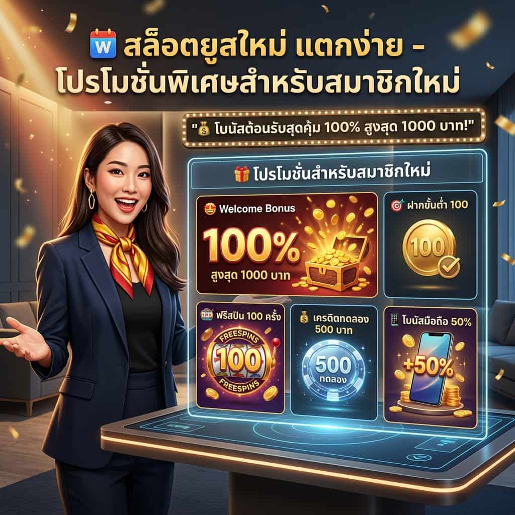 ภาพพรีเซนเตอร์หญิงเอเชียในพื้นที่ต้อนรับสมาชิกใหม่ กำลังชี้ไปที่บอร์ดโปรโมชั่นโบนัสต้อนรับ ภาพประกอบด้วยกราฟิกโปรโมชั่นน่าดึงดูด เช่น โบนัส100% ฝากขั้นต่ำ100 ฟรีสปิน100 เครดิตทดลอง500 และข้อความภาษาไทยว่า "🆕 สล็อต ยูส ใหม่ แตก ง่าย - โปรโมชั่นพิเศษสำหรับสมาชิกใหม่" และ "โบนัสต้อนรับสุดคุ้ม 100% สูงสุด 1000 บาท!"