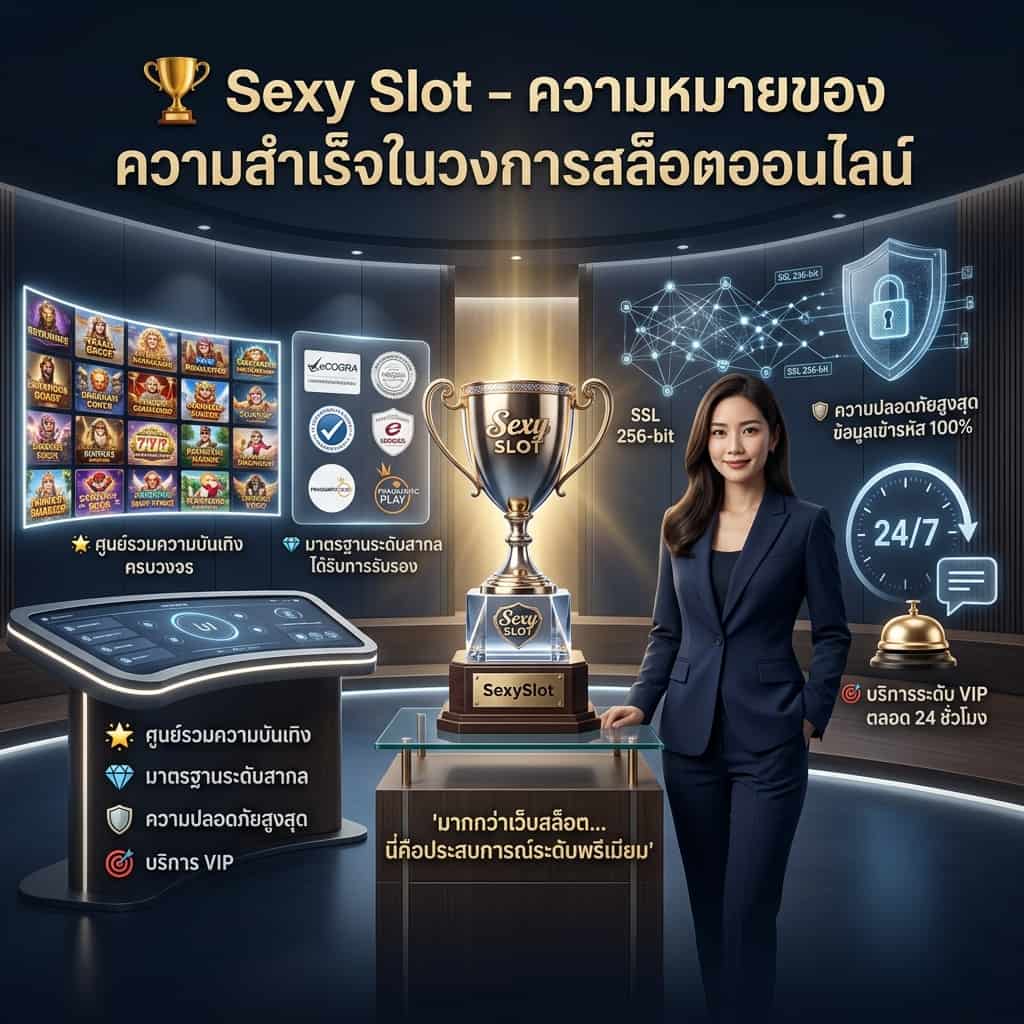 ภาพพรีเซนเตอร์หญิงเอเชียในสภาพแวดล้อมระดับไฮเอนด์ กำลังแนะนำตราสัญลักษณ์หรือรางวัลของ SexySlot ภาพประกอบด้วยไอคอนและข้อความภาษาไทยแสดงจุดเด่น เช่น ศูนย์รวมความบันเทิงครบวงจร มาตรฐานระดับสากล ความปลอดภัยสูงสุด และบริการระดับ VIP ตลอด 24 ชั่วโมง พร้อมข้อความหลัก "🏆 Sexy Slot - ความหมายของความสำเร็จในวงการสล็อตออนไลน์" และข้อความ "มากกว่าเว็บสล็อต…นี่คือประสบการณ์ระดับพรีเมียม"