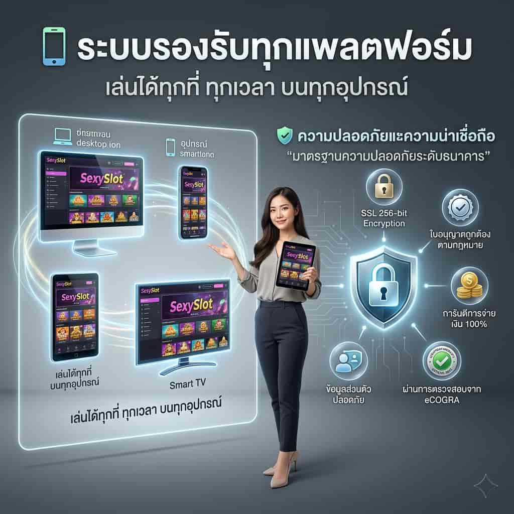 ภาพพรีเซนเตอร์หญิงเอเชียในห้องควบคุมเทคโนโลยี กำลังชี้ไปที่ระบบแสดงผลหลายแพลตฟอร์มและระบบรักษาความปลอดภัย ภาพประกอบด้วยไอคอนอุปกรณ์ต่างๆ (เดสก์ท็อป, มือถือ, แท็บเล็ต, สมาร์ททีวี) และไอคอนความปลอดภัย (SSL, ใบอนุญาต, การันตีการจ่ายเงิน, eCOGRA) พร้อมข้อความภาษาไทยว่า "📱 ระบบรองรับทุกแพลตฟอร์ม", "เล่นได้ทุกที่ ทุกเวลา บนทุกอุปกรณ์", "🛡️ ความปลอดภัยและความน่าเชื่อถือ" และ "มาตรฐานความปลอดภัยระดับธนาคาร"