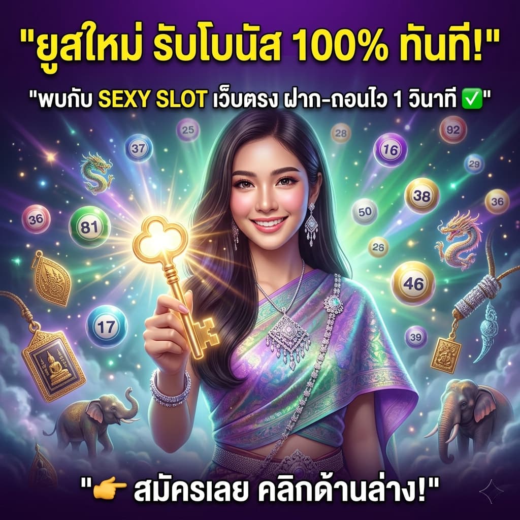 ผู้หญิงไทยสวยในชุดแฟนตาซีเอเชียชี้กุญแจทองสู่โลกมายากล พร้อมตัวเลขและสัญลักษณ์นำโชคลอยรอบตัว โปรโมชั่นสล็อตเว็บตรง SexySlot: ยูสใหม่รับโบนัส 100% ทันที ฝาก-ถอนไวใน 1 วินาที สมัครสมาชิกรับเครดิตฟรีสำหรับเกมสล็อตแตกง่าย