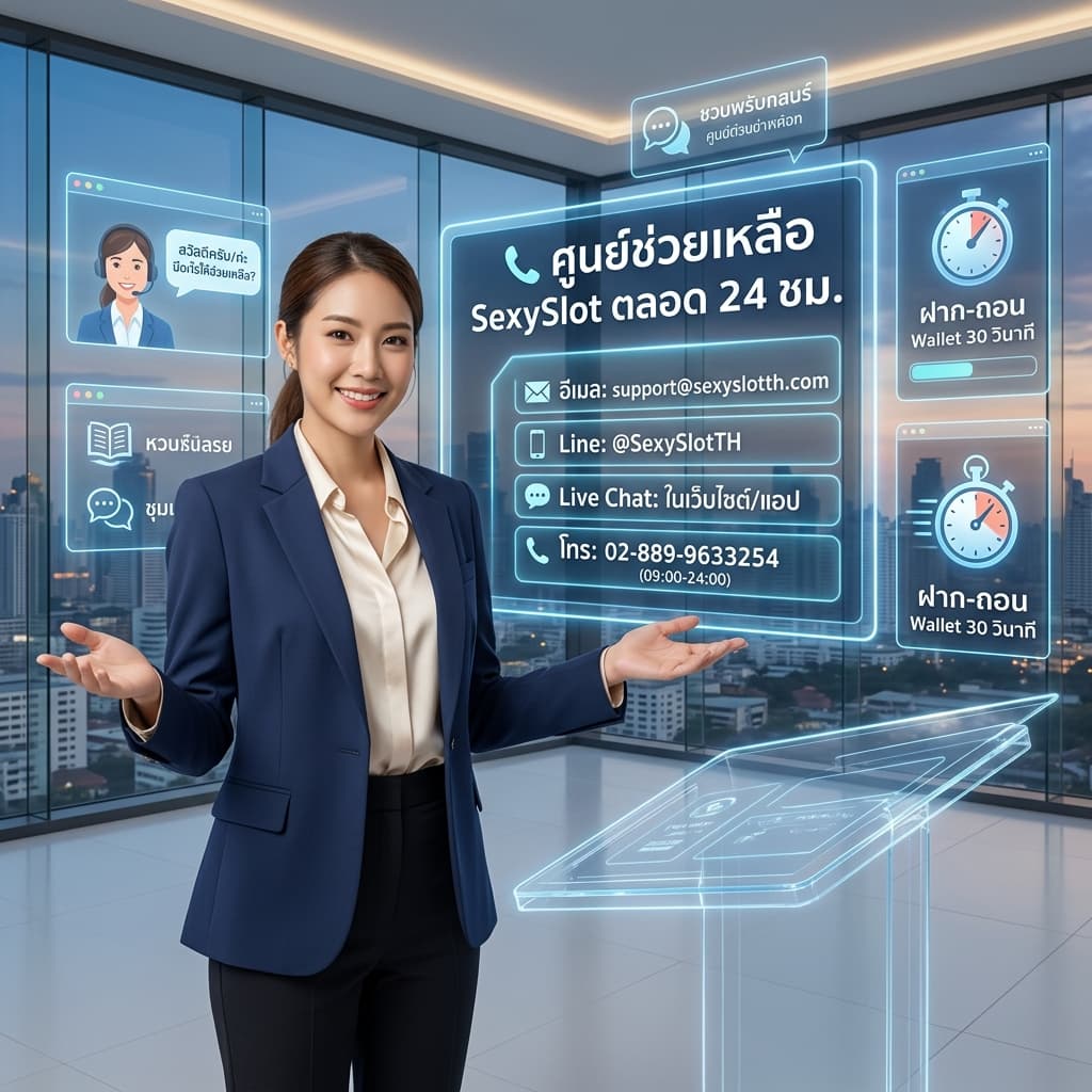 พรีเซนเตอร์หญิงไทยในชุดทำงานมืออาชีพยืนในศูนย์ช่วยเหลือไฮเทคพร้อมหน้าจอฮอโลแกรมแสดงช่องทางการติดต่อทีมงาน SexySlot ภาษาไทย 24 ชั่วโมง อีเมล Line และ Live Chat บนฉากหลังเมืองกรุงเทพฯ ตอนค่ำ