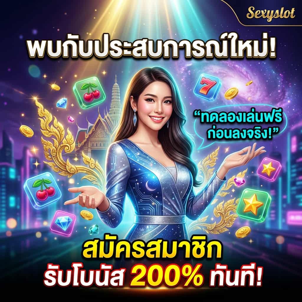 หญิงสาวชาวไทยนำเสนอเว็บสล็อต Sexyslot ในดินแดนแฟนตาซีสุดอลังการ พร้อมข้อความเชิญชวน "ทดลองเล่นฟรี" และ "สมัครสมาชิกรับโบนัส 200%" กับพื้นหลังที่เต็มไปด้วยสัญลักษณ์สล็อต แสงสีเนียนวับ และทองคำลอยระย้า
