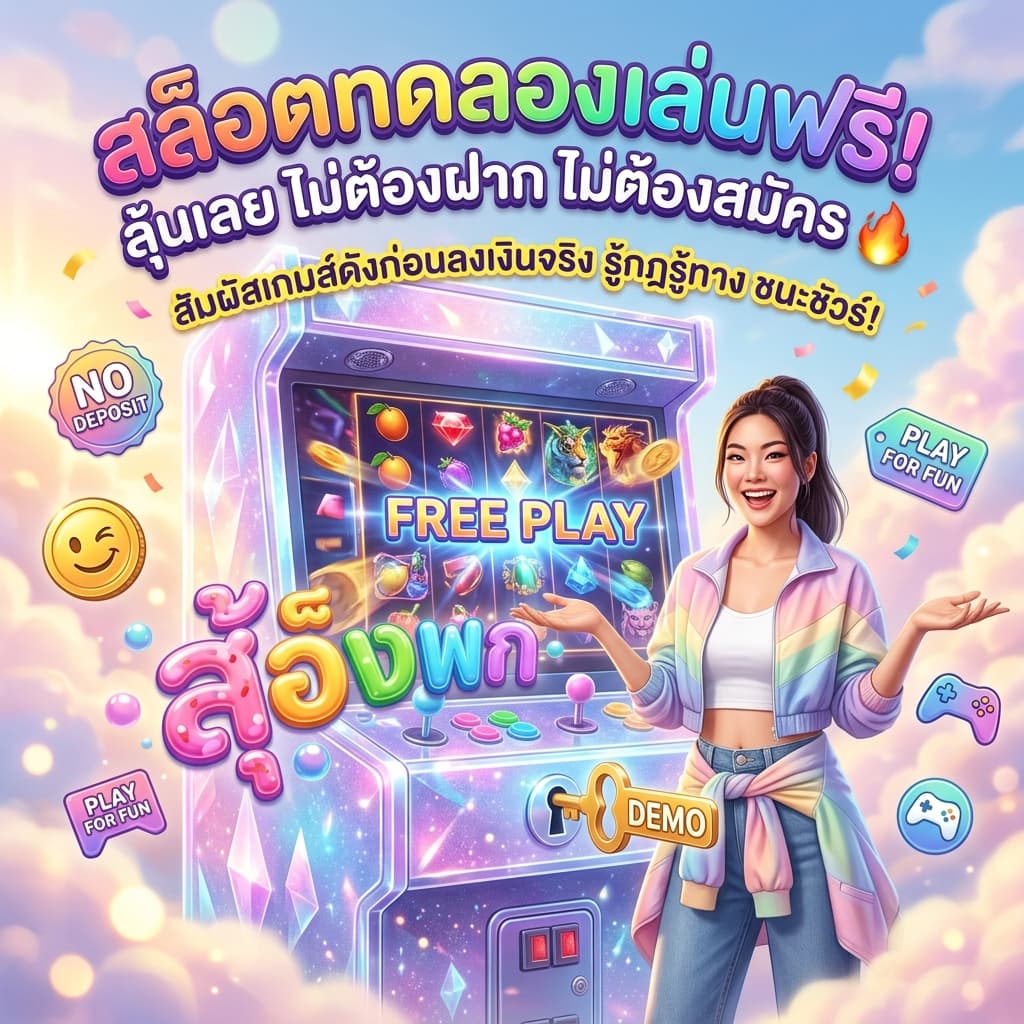 ผู้หญิงไทยยิ้มแย้มในสตูดิโอเกมสดใส ชี้ไปที่ตู้สล็อตสวยงามที่แสดงข้อความภาษาไทย 'สล็อตทดลองเล่นฟรี! ลุ้นเลย ไม่ต้องฝาก ไม่ต้องสมัคร' พร้อมกุญแจยักษ์สัญลักษณ์ปลดล็อกโหมดทดลองเล่นฟรีบนพื้นหลังสีพาสเทลและไอคอนเกมลอยฟ้า